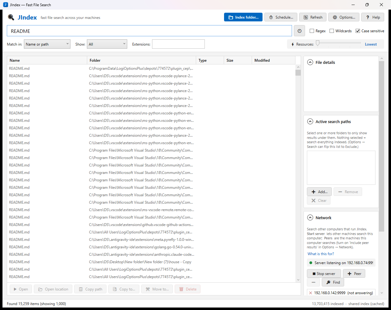 JIndex main window: search box with Regex/Wildcards/Case toggles, filter row, results grid and side panel