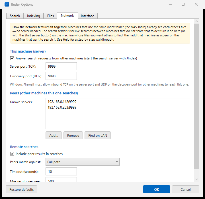 JIndex Options, Network tab: search server, peers, discovery